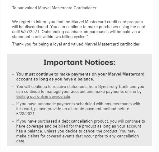 marvel mastercard discontinued